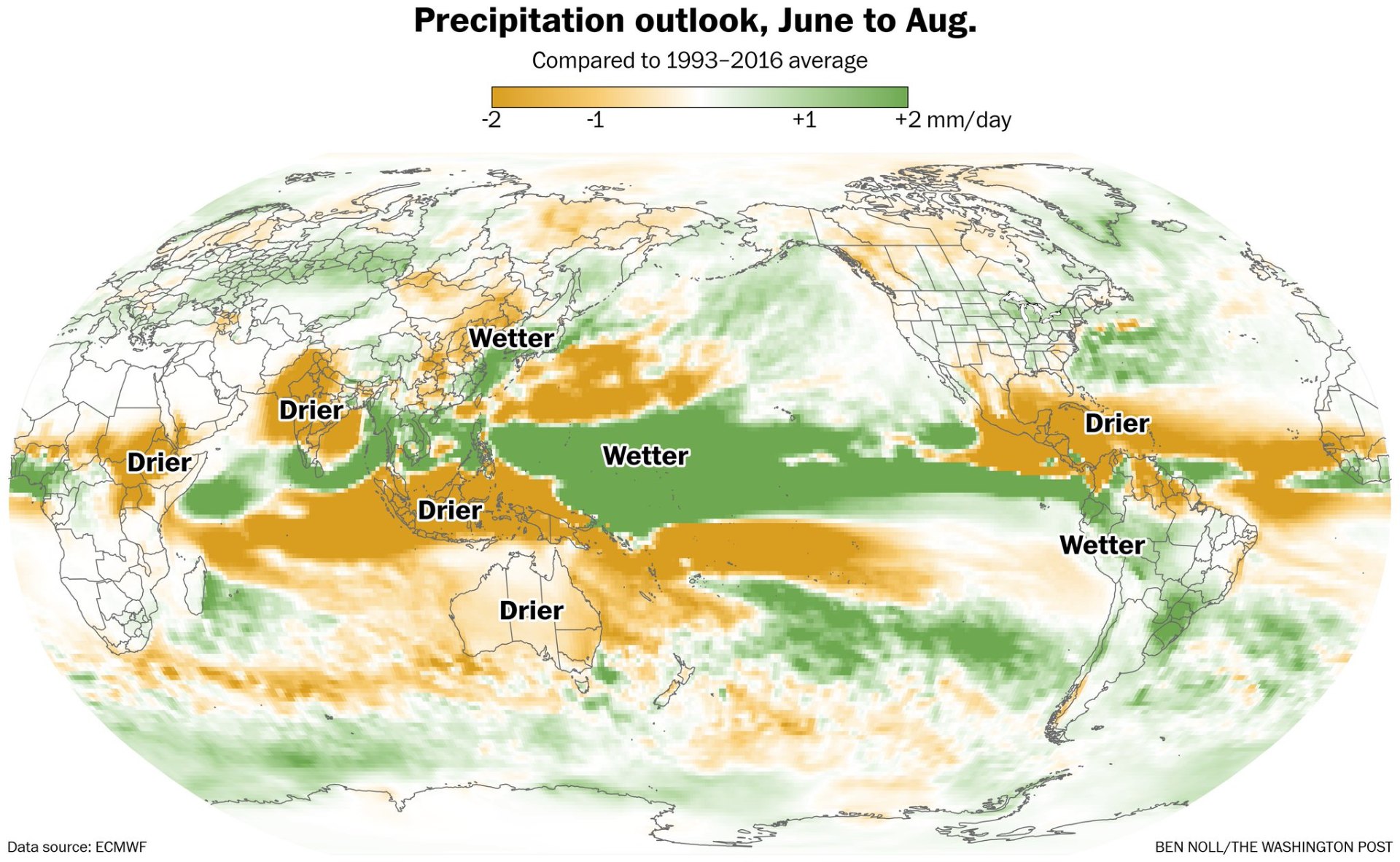 ECMWF seasonal precipitation outlook showing El Niño impact on global rainfall patterns for 2026
